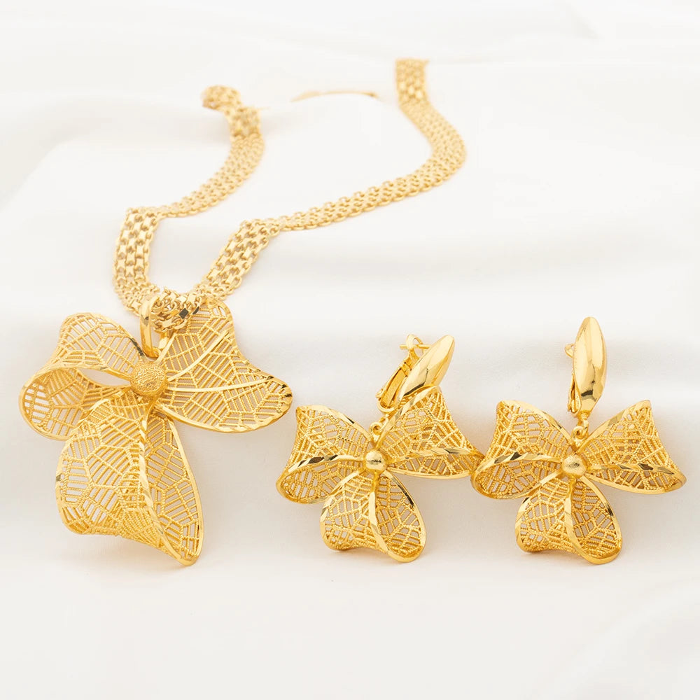 Hollow Flower Pendant Arabic Dubai Earring African Chain Jewelry Set for Women