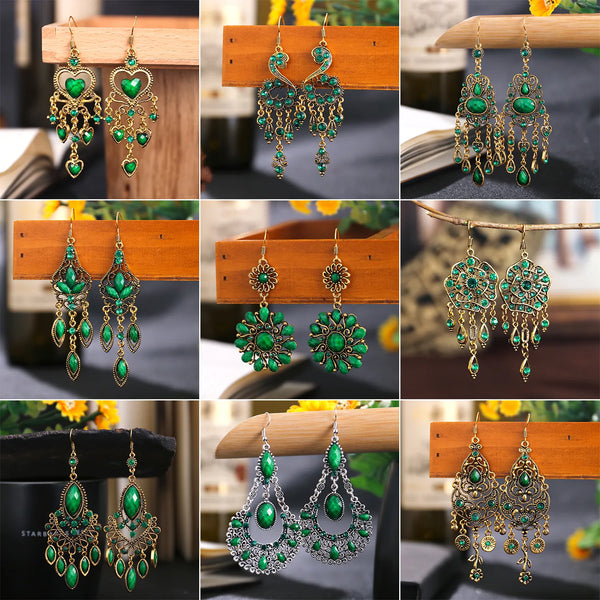 Green Rhinestone Acrylic Ethnic Dangle Earrings for Women