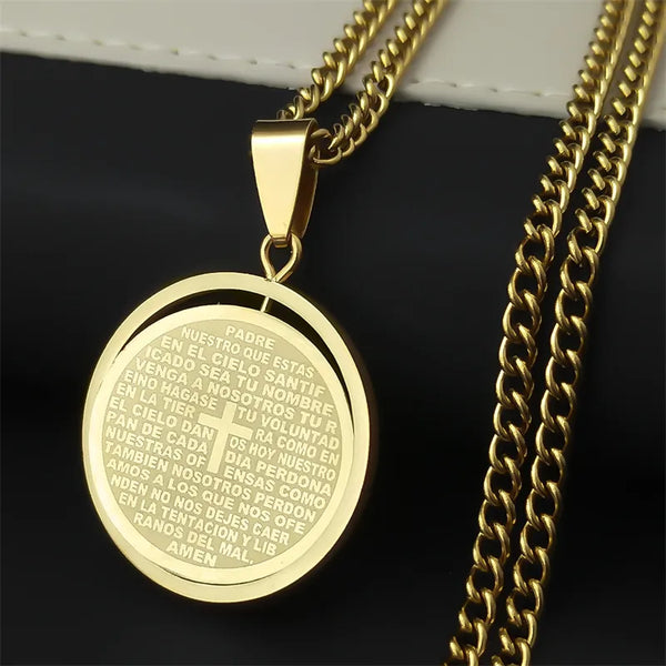 Christian Bible Lords Prayer Cross Pendant Necklace Stainless Steel Spanish Necklaces