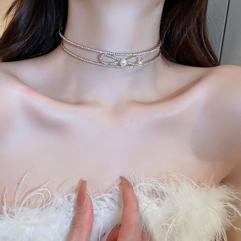 Korean Elegant Bowknot Pearl Double Layer Choker For Women