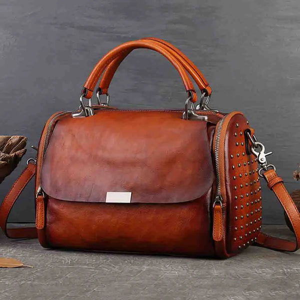 Retro Top Layer Cow Leather Bag for Women Satchel Thick Leather Vintage Shoulder Square Bags