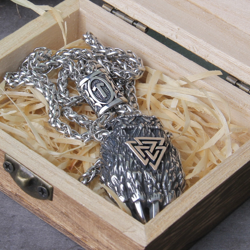 Nordic Viking Bear Claw Valknut Necklace Men's