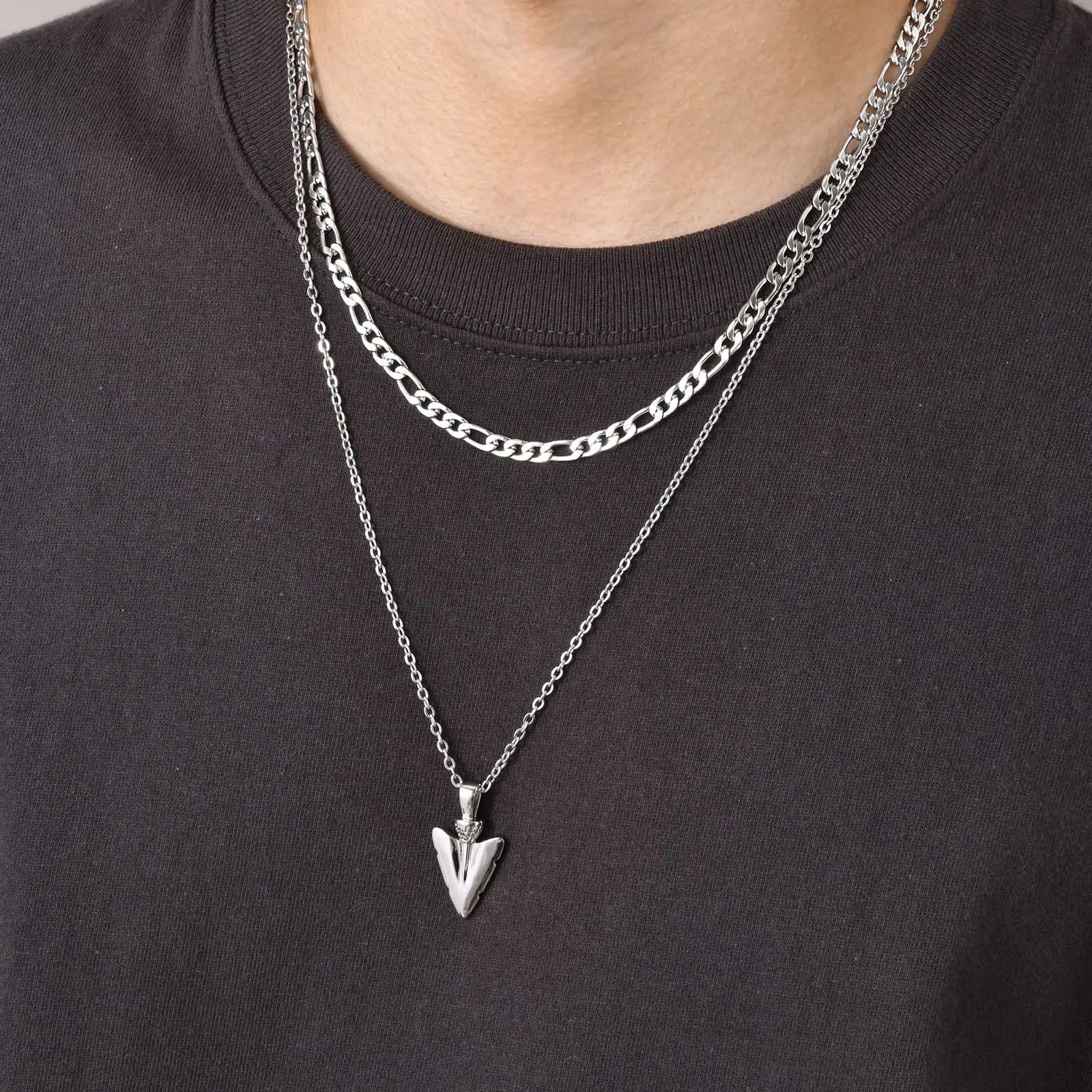 Men Rock Arrow Head Pendant Stacking Rope Cuban Wheat Figaro Chain Necklaces