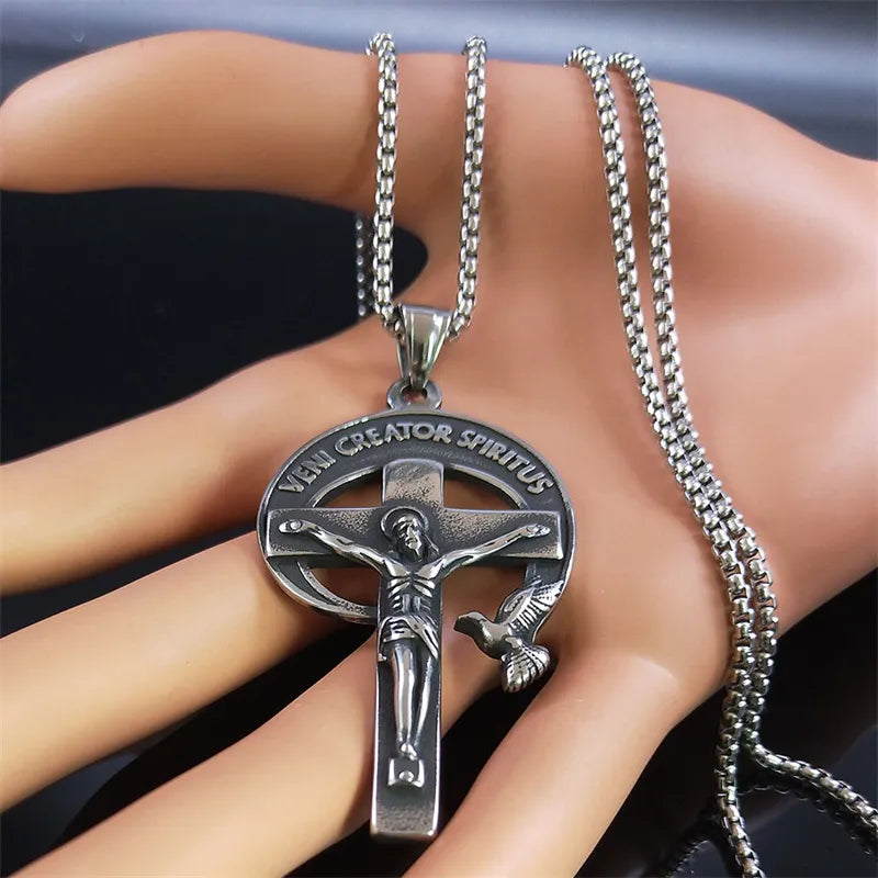 Vintage VENI CREATOR SPIRITUS Crucifix Cross Pendant Necklace