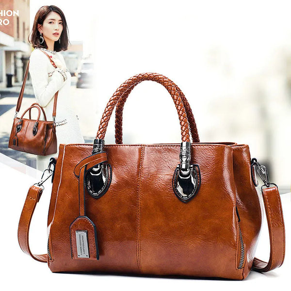 Women's Tote Handbag Oil Wax Leather Solid Color Boston Shoulder Satchel