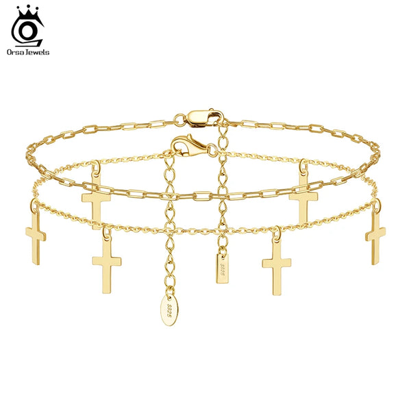 925 Sterling Silver Paper Clip&Cable Chain with Cross Chain Anklets for Women