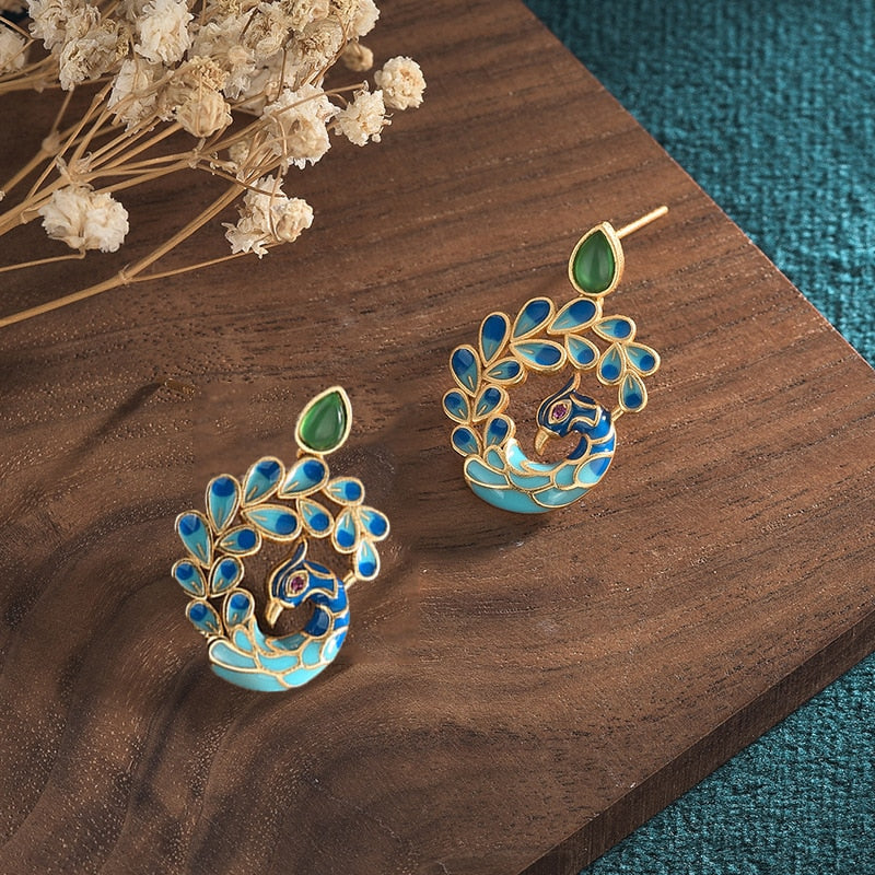 enamel porcelain peacock earrings for women