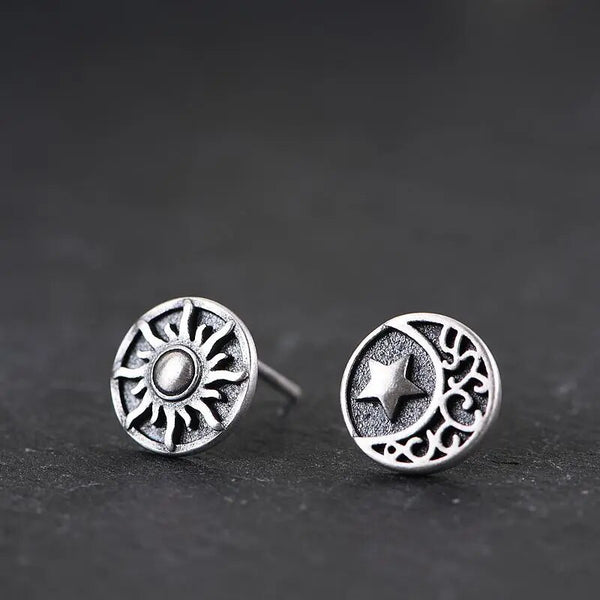 925 Sterling Silver Creative Retro Sun Moon Stud Earring