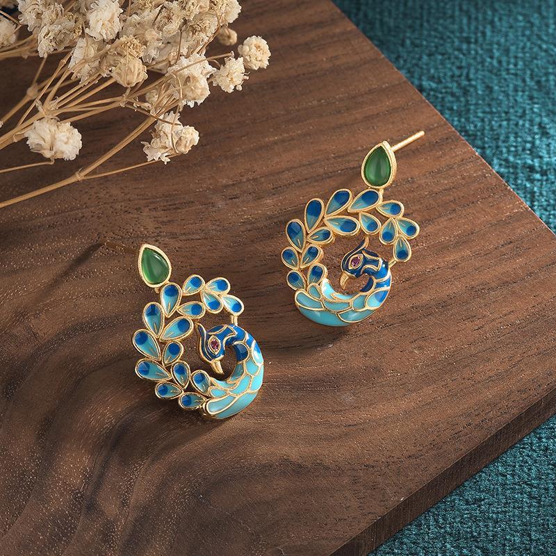 enamel porcelain peacock earrings for women