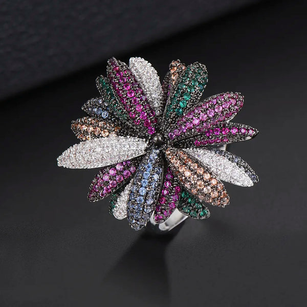 New Flower Shape Finger Ring Dubai Indian Wedding Jewelry Cubic Zirconia Inlaid Engagement Finger Rings