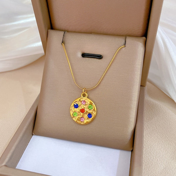 Gold Plated Bohemian Colorful Rhinestone Geometric Circle Pendant Neckalce