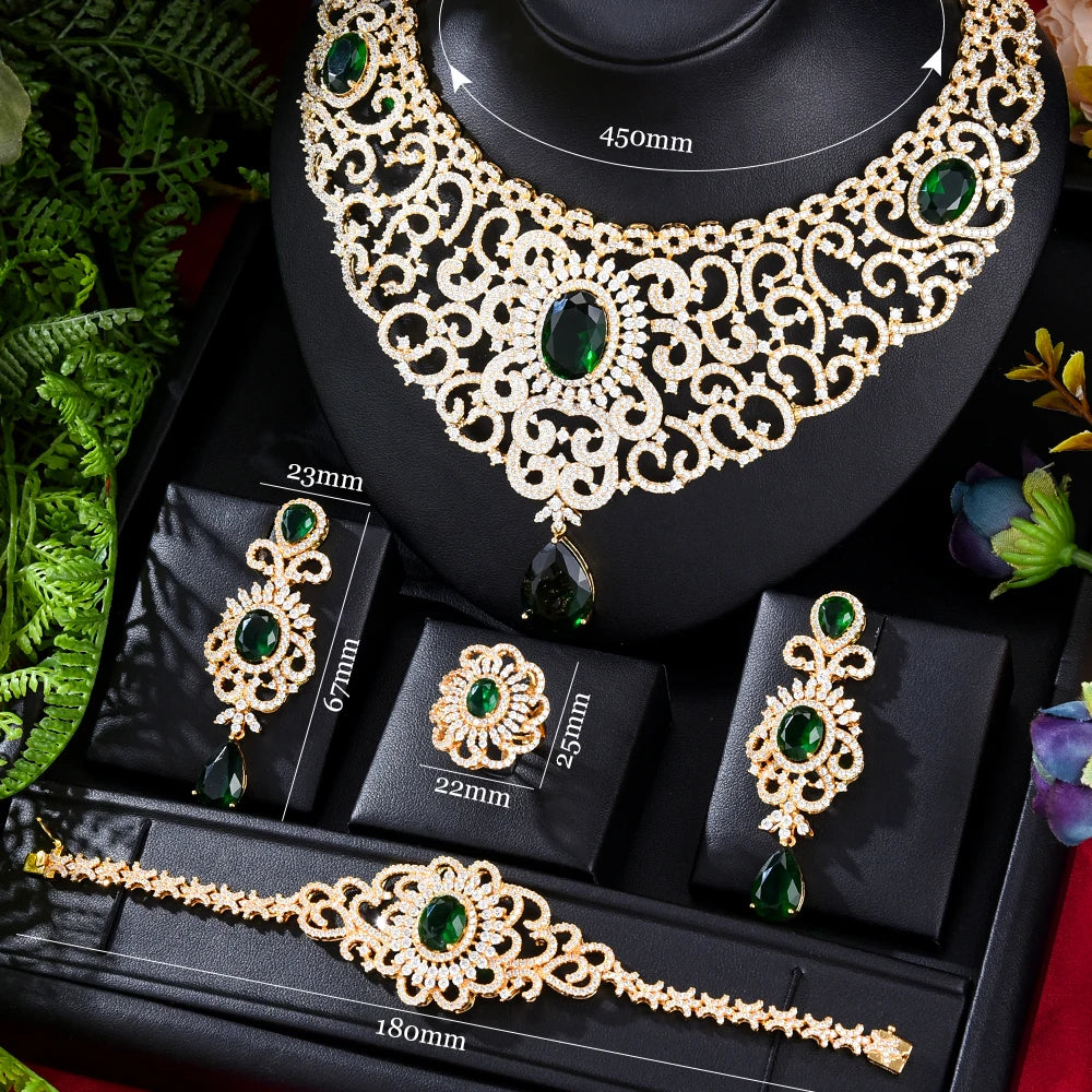 Original Luxury Green CZ Necklace Bangle Earrings Ring 4PCS For Women