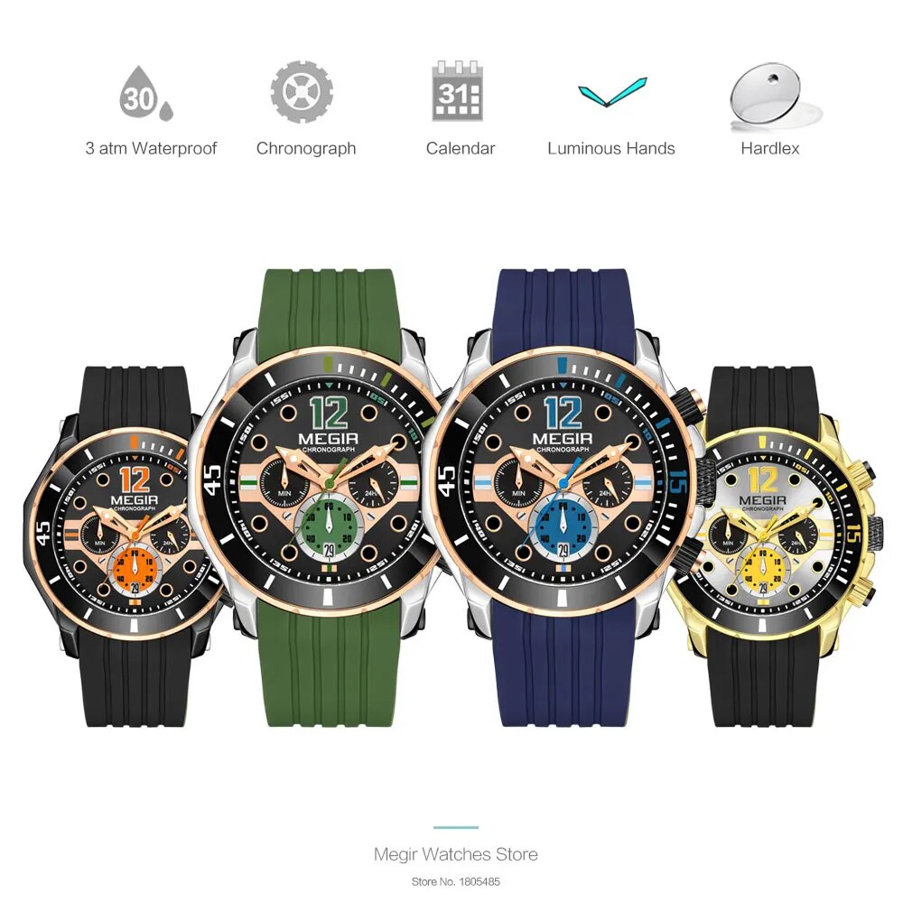 Chronograph Watches for Men Fashion Military Sport Silicone Strap Wristwatch