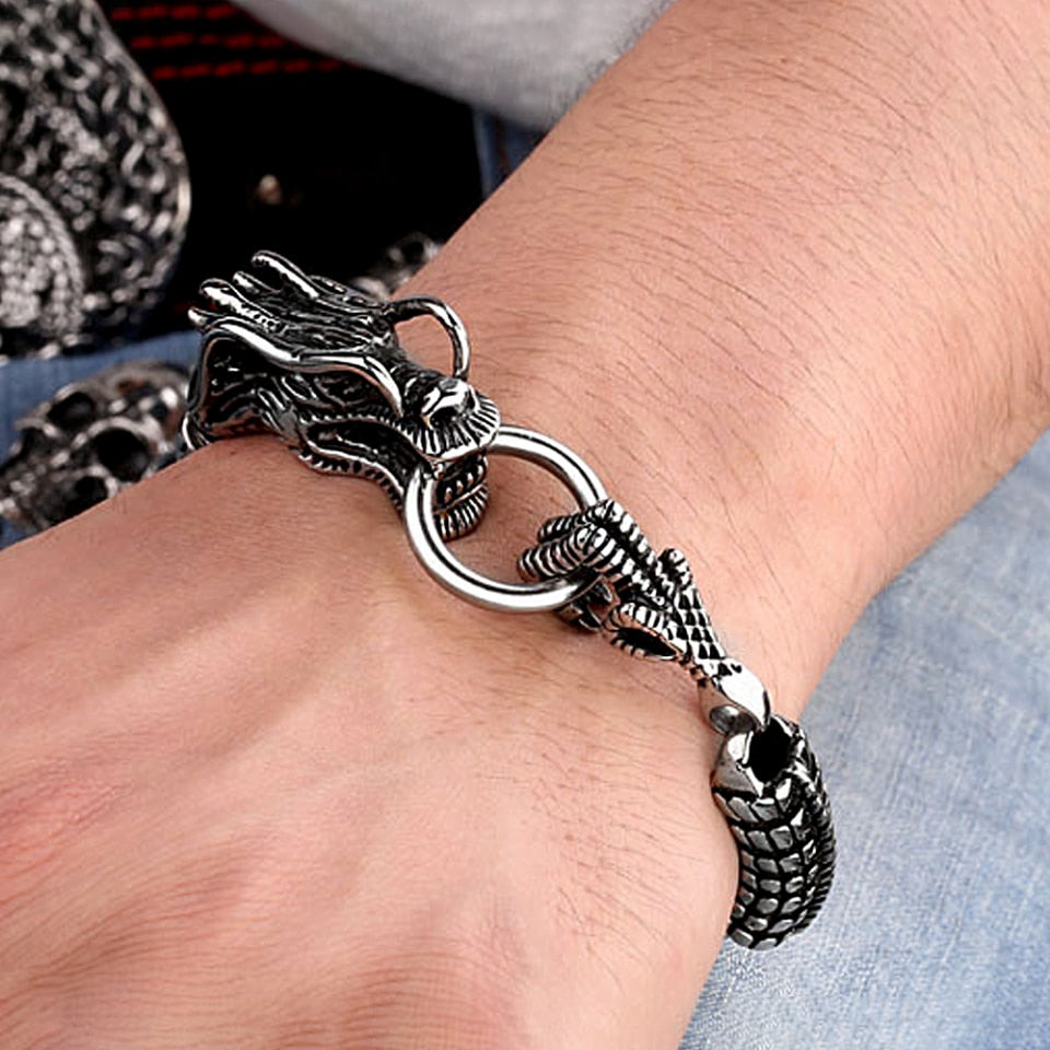 Vintage 316L Stainless Steel Dragon Head Handmade Bracelet For Men