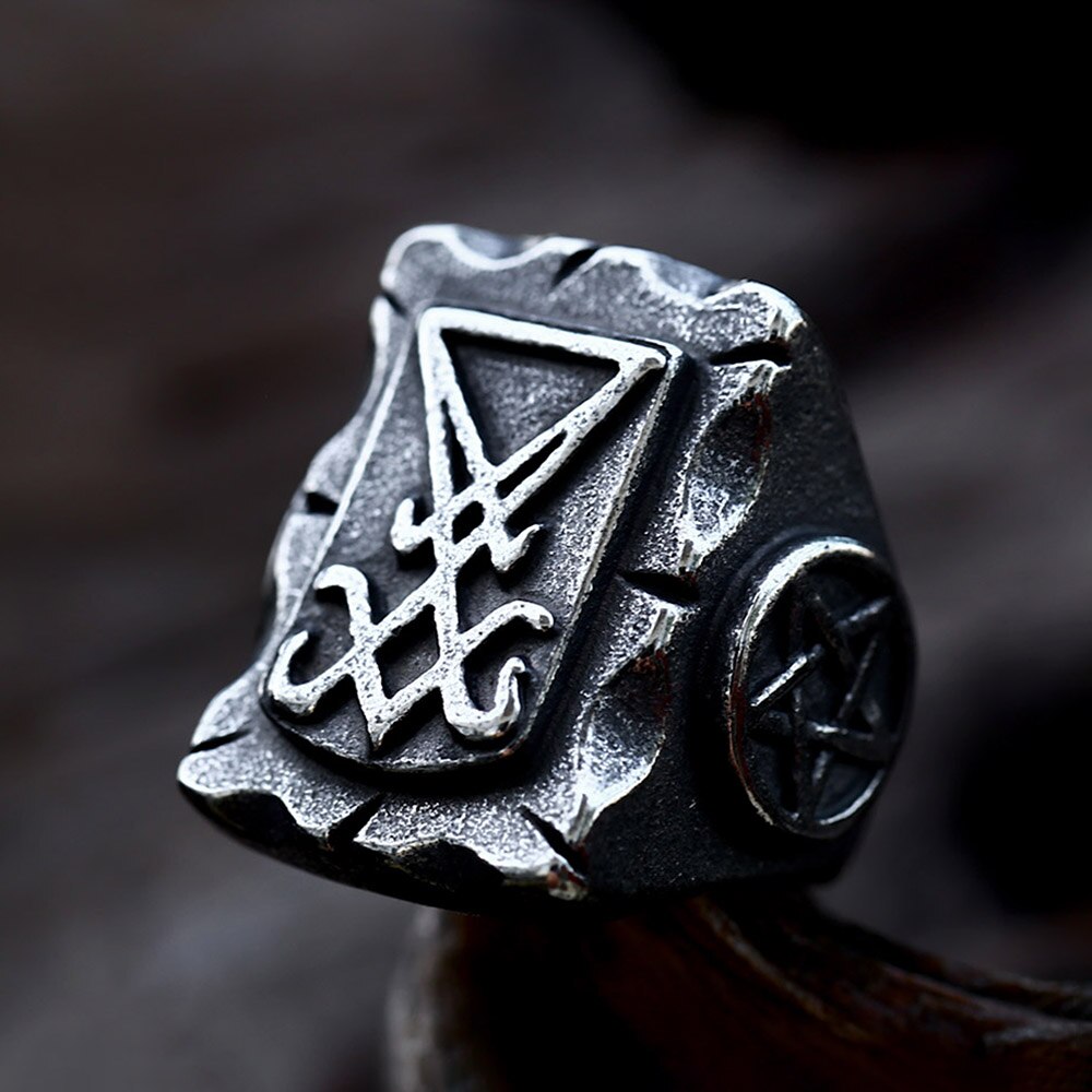 Punk Retro Lucifer Signet Star Ring Gothic Unique Devil Sign Men Rings