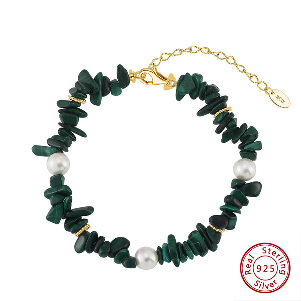 S925 Silver Malachite Chain Bracelet with Shell Pearls for Women