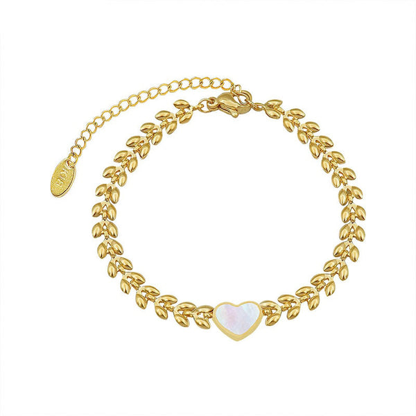 Gold Color Wheat Ear Shape Heart Round Shell Chain Bangle  Bracelet for Women