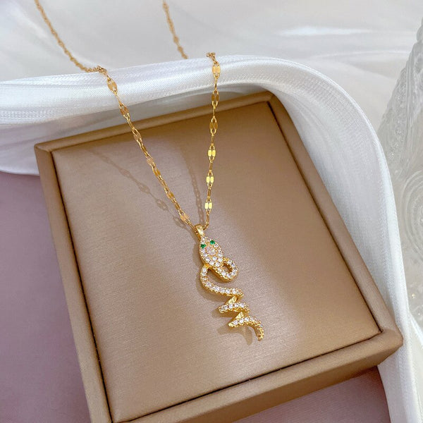 Gold Plated Snake Shaped Pendant Necklace For Women