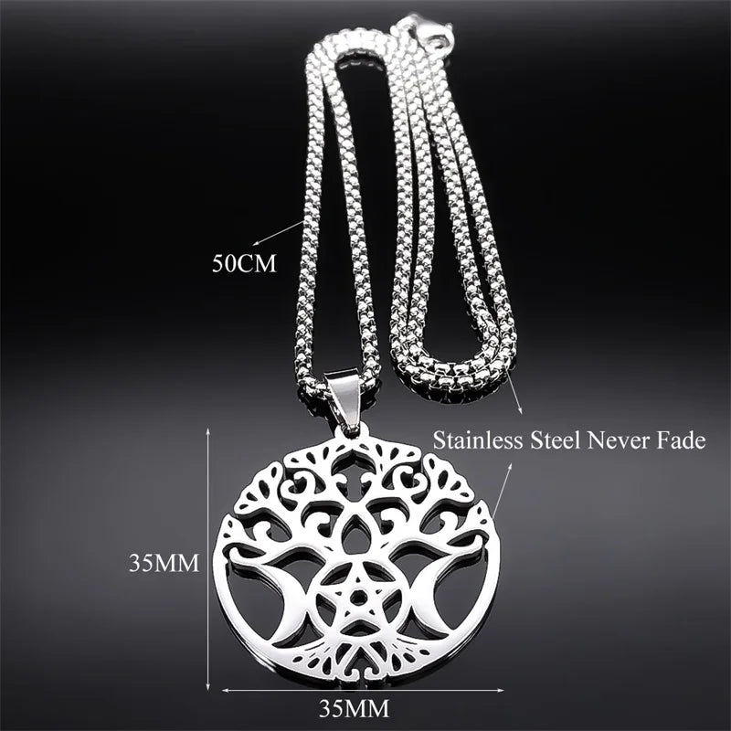 Stainless Steel Wicca Triple Moon Goddess Tree Of Life Necklace