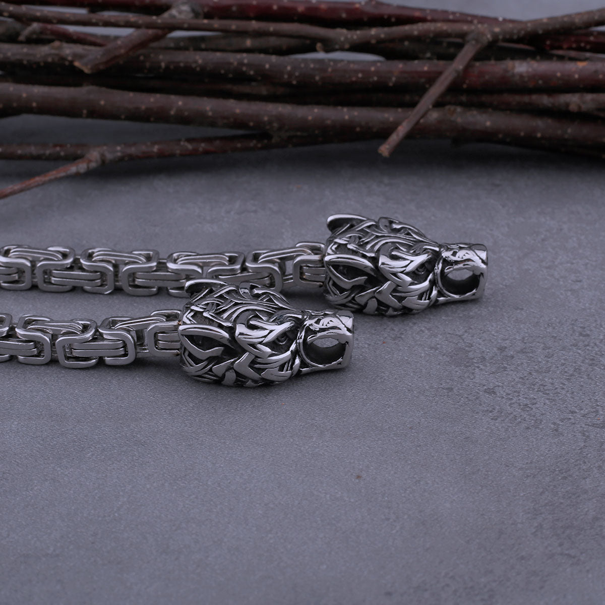 Viking Stainless Steel Wolf Head Thor's Hammer Set Necklace Punk Men's