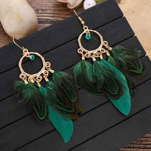 Fashion Bohemian Earrings For Women  Simple Round Green Bead Tassel Feather Earrings