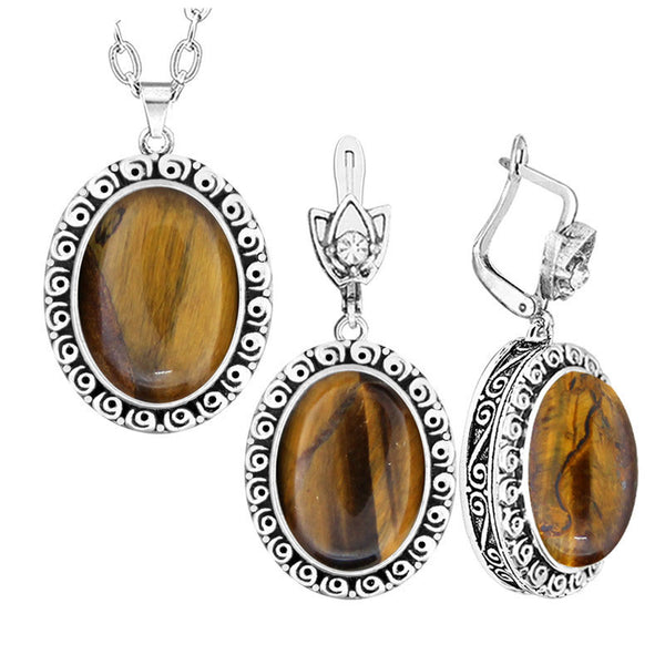 Oval Natural Tiger Eye Stone Jewelry Set For Women