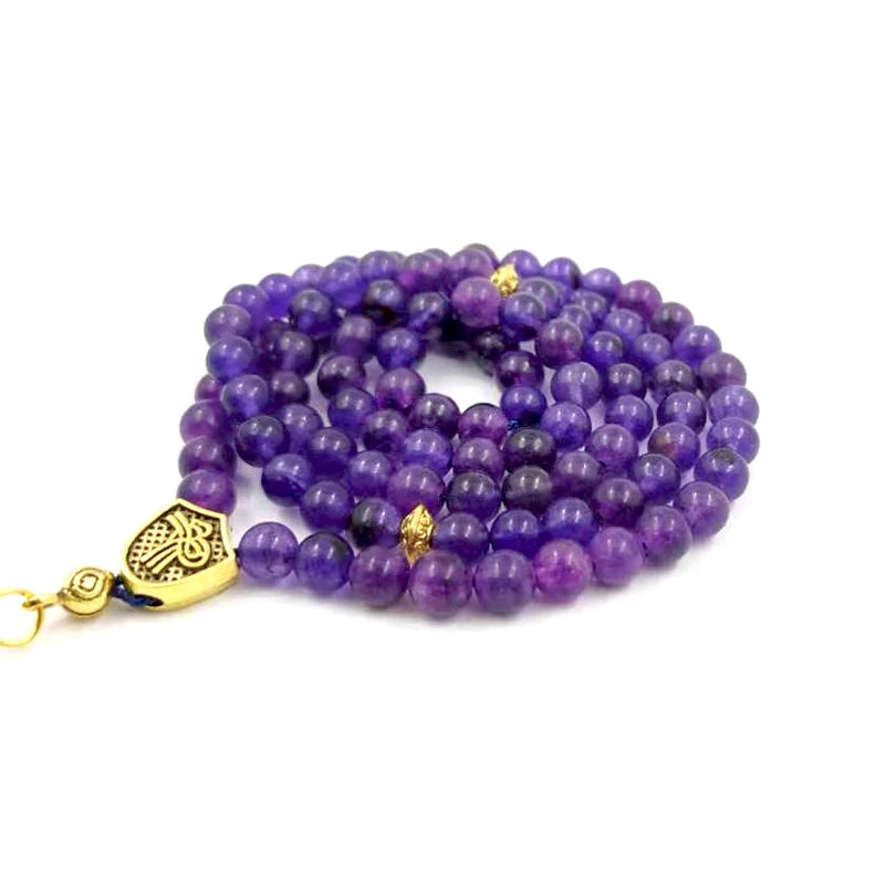 Natural Purple Amethysts 99beads Bracelet Islamic Eid Gift Gold Tassel for Women Rosary