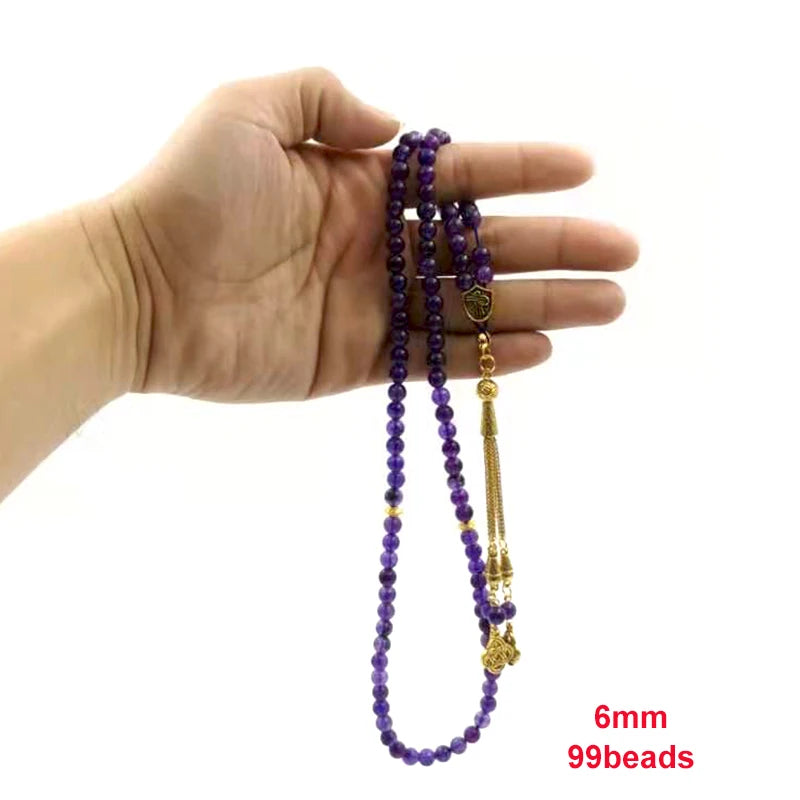 Natural Purple Amethysts 99beads Bracelet Islamic Eid Gift Gold Tassel for Women Rosary