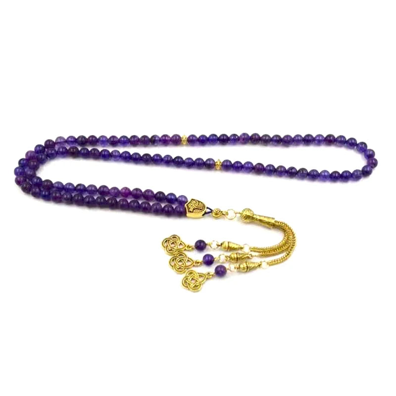 Natural Purple Amethysts 99beads Bracelet Islamic Eid Gift Gold Tassel for Women Rosary