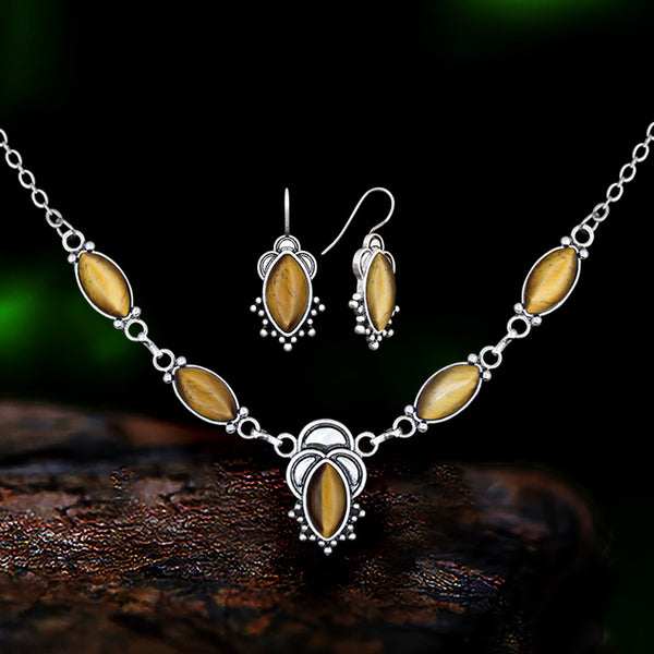 Vintage Eye Shape Tiger Eye Necklace Earring Women Set