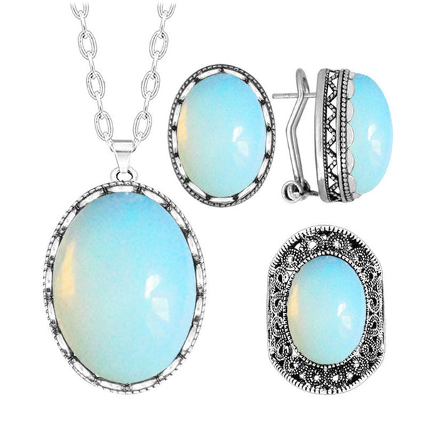 Vintage Oval Natural Quartz Opal Jewelry Sets Natural Jades Amethysts Stone Necklace Earrings Ring