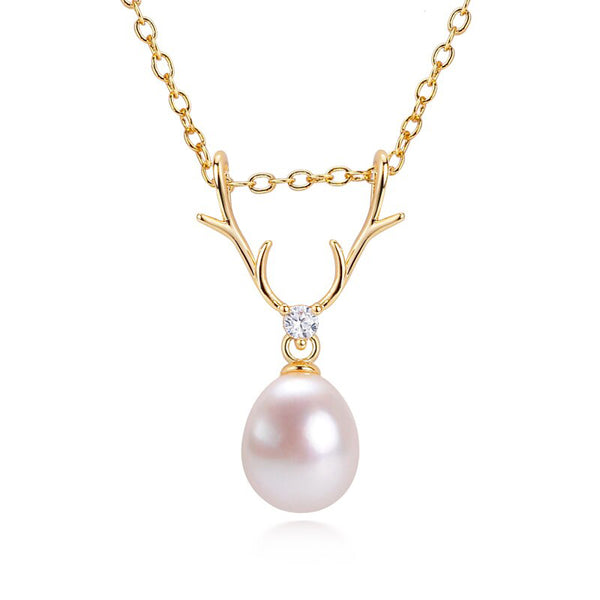 14K Gold Plated Elk Drop Pearl Pendant 100% Freshwater Pearl Necklace