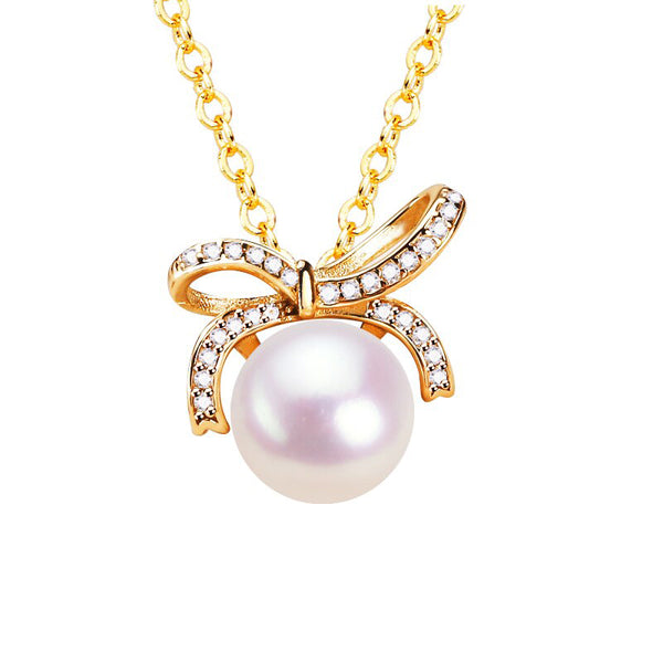 New Sweet Bow Pearl Pendant 100% Real Natural Freshwater Pearl Necklace