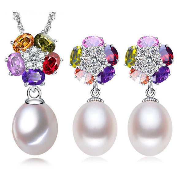 Pearl Jewelry sets Natural Freshwater Pearl 925 Sterling Silver Colour Flower Earrings Pendants