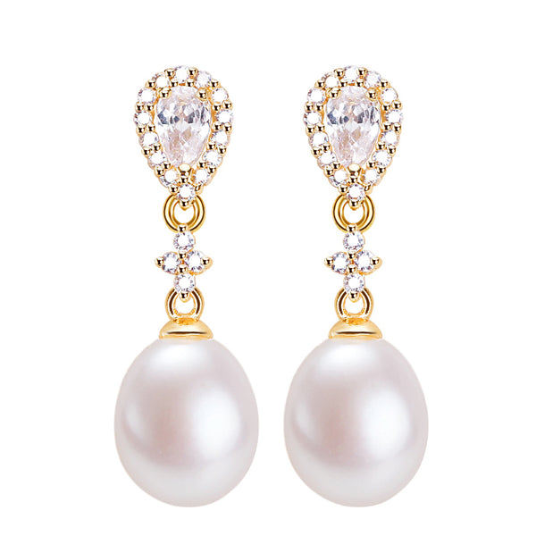 Zircon Drop Earring 100% Real Natural Freshwater Pearl Elegant 18k Gold Gilled Pearl Earrings