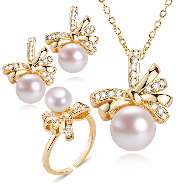 New Bow Pearl Jewelry Sets 14k Gold Plated 100% Real Natural Freshwater Pearl Necklace Earrings Ring