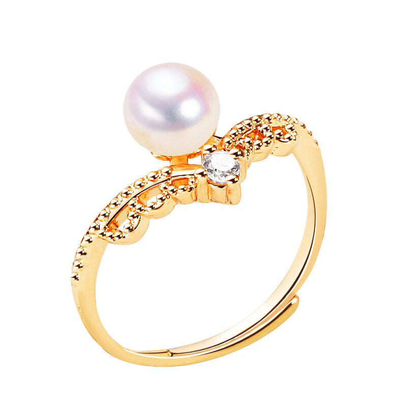 Fine Pearl Ring Zircon Finger Ring Lace Crown 18K Gold Plating Women