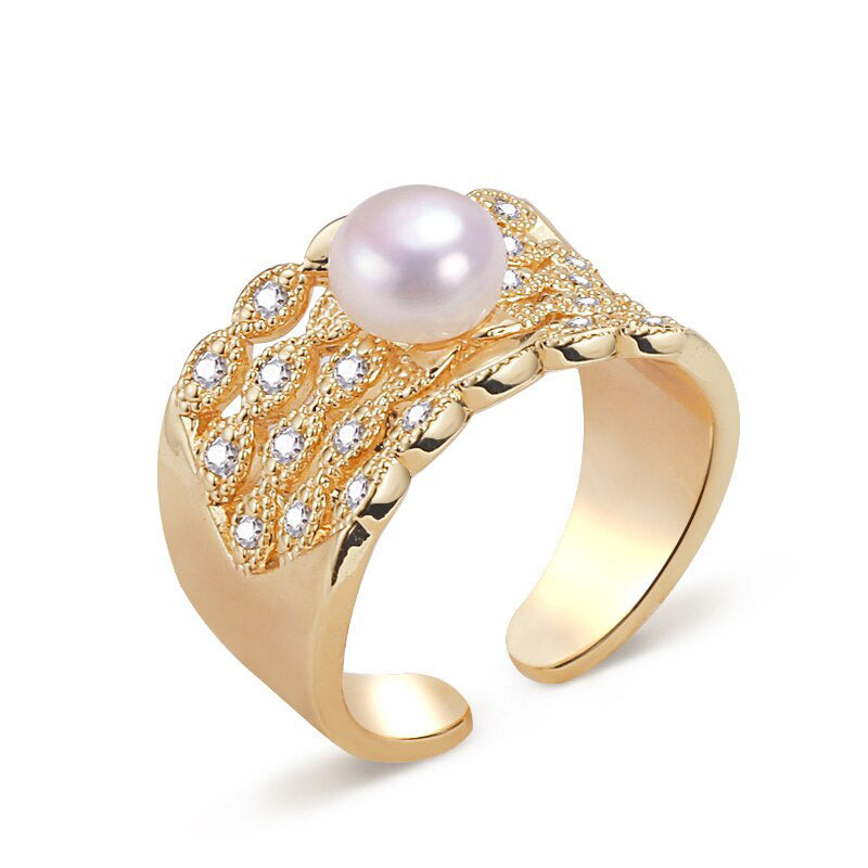 Real Natural Pearl Ring 14K Gold Gild Design Female Open Ring