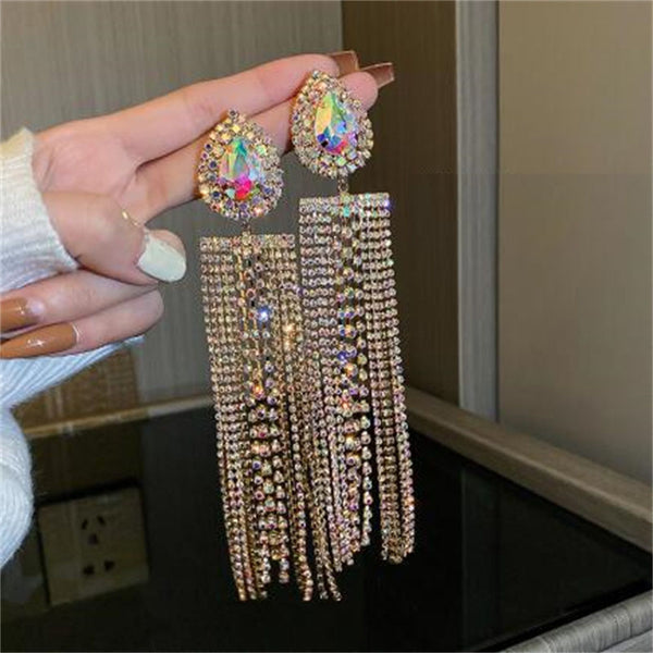 Gold ColorWater Drop Crystal Earrings Oversize Long Tassel Rhinestone for Women