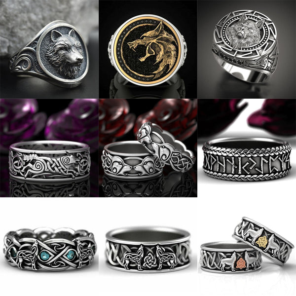 Vintage Viking Celtic Knot Warrior Wolf Head Rings for Men