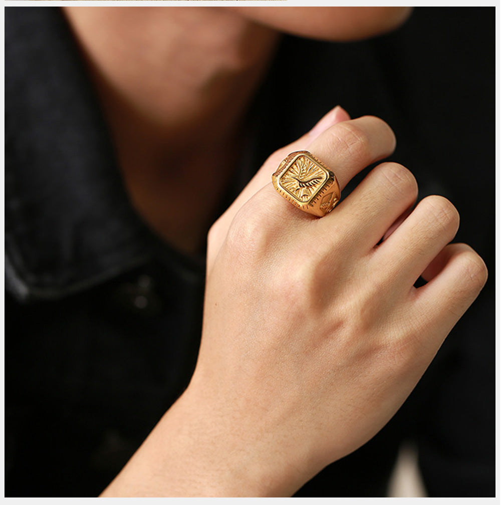 Bald Eagle Signet  Gold Plated Bird Ring For Men