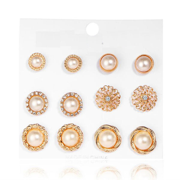 6 Pair/Lot Vintage  Gold-Color Round Half Simulated Pearls Flower Stud Earring