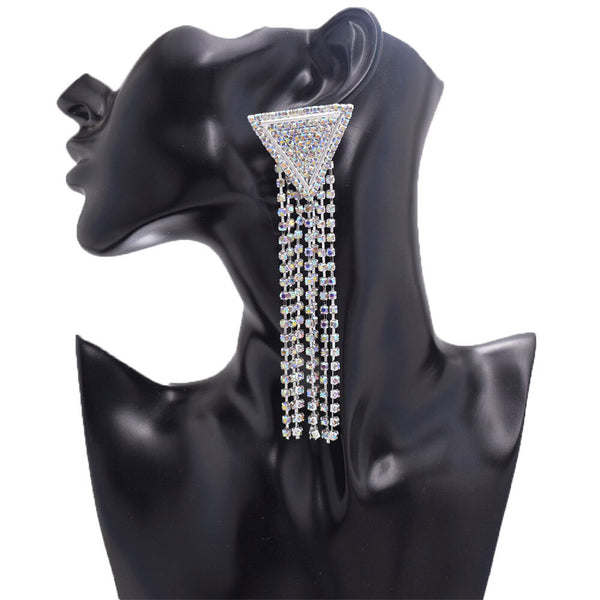 11.8cm Exaggerated triangular metal rhinestones tassel big women earrings