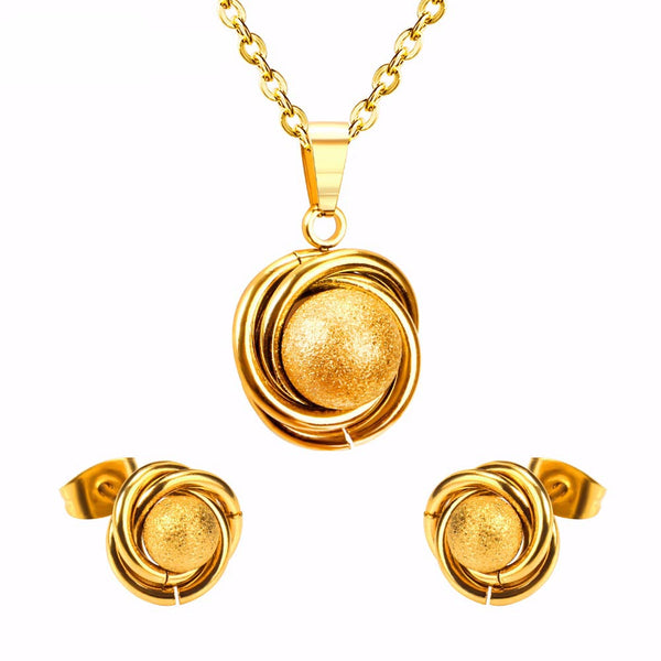 Stainless Steel Gold Color Surface Ball And Twisted With Free Chain Pendants Necklace