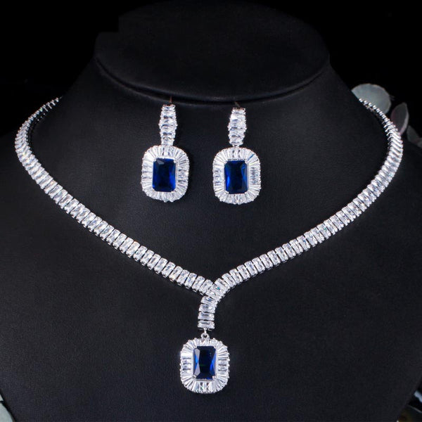 Blue Cubic Zircon Necklace and Earrings Women Party Jewelry Set