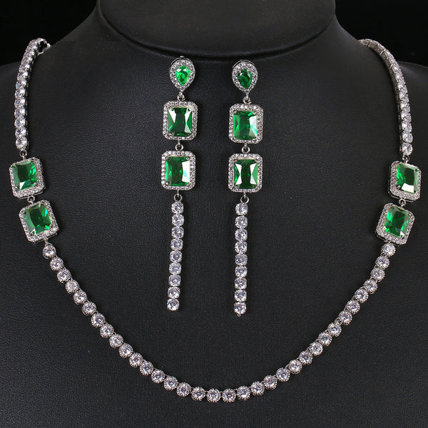 Classical Design Round And Green Cubic Zircon Necklace Long Earring Jewelry Set