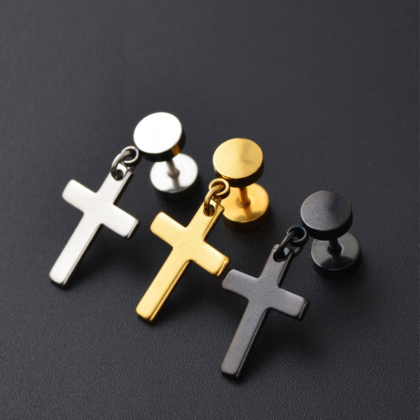 Barbell Style Cross Hanging  Stainless Steel Female Male Stud Earrings