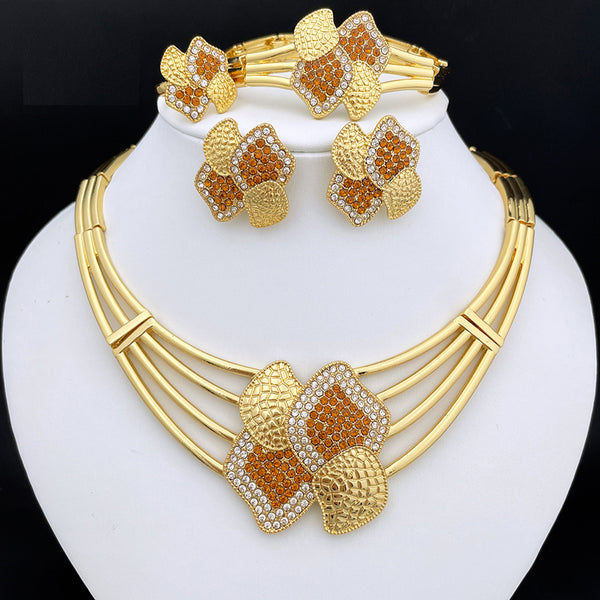 Gold Color Jewelry Set For Women Inlays White Rhinestone Necklace Earrings Bracelets Rings Set