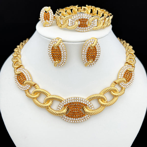 Fashion  Italian Gold Plated Jewelry Set African Necklace Earring Ring Bracelet Set