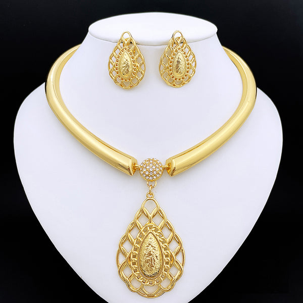 Women Fashion Jewelry Set Gold Color Necklace And Earrings Large Pendant